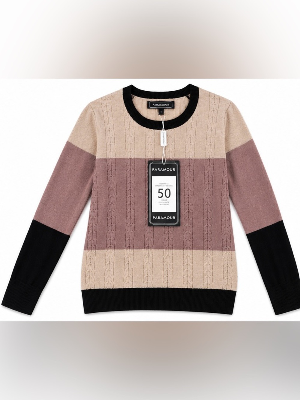 Paramour Color Block Cable Knit Sweater Tan Mauve Black NWT Size S
